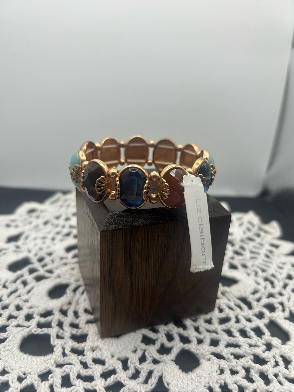 Liz Claiborne Gold Tone Bracelet with Blue, Black, Brown & Turquoise Stones